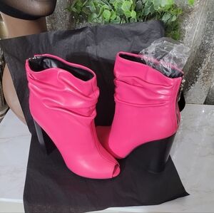 Pink Faux Leather Peep Toe Boots